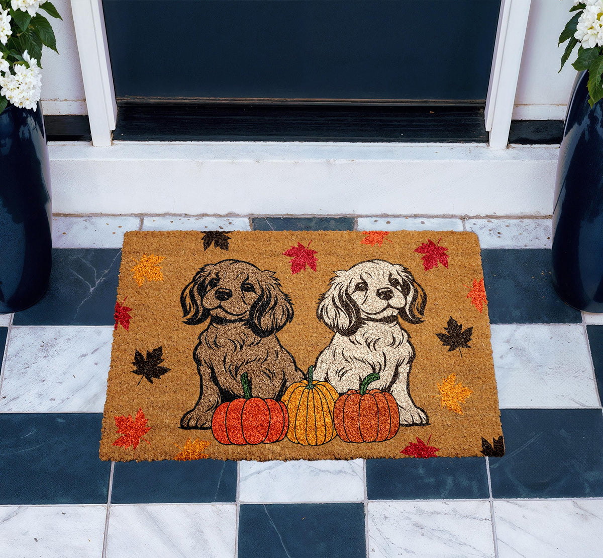 Cute Dogs & Pumpkin Fall Doormat, Autumn Dog Lovers Welcome Mat