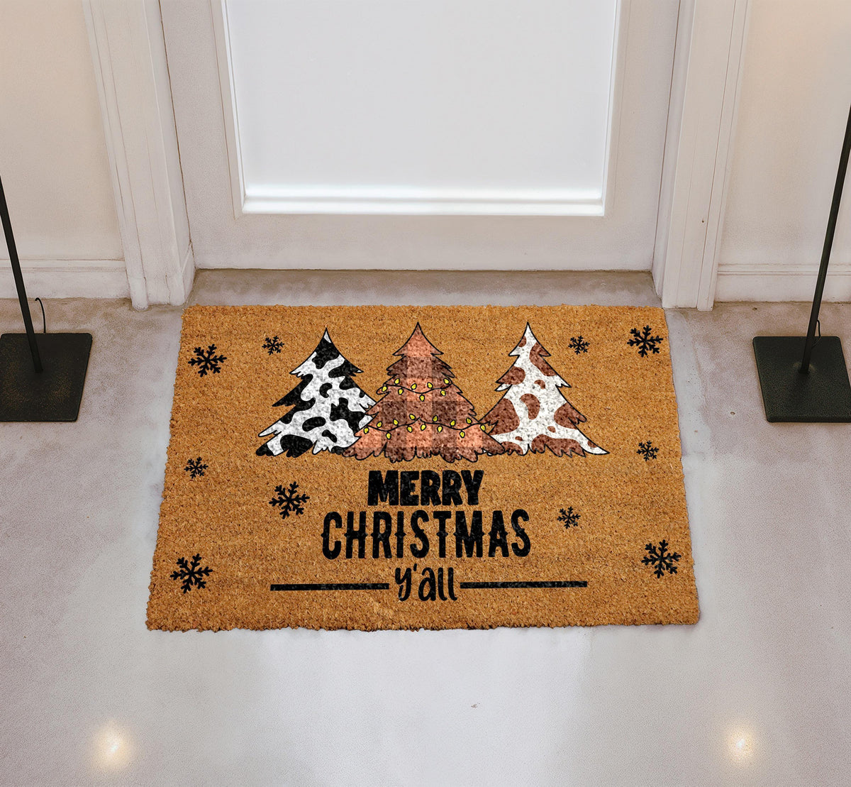 Merry Christmas Y'all Doormat, Western Xmas Home Decor, Cow Print Christmas Tree Welcome Mat