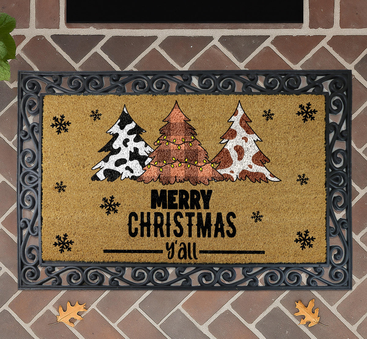 Merry Christmas Y'all Doormat, Western Xmas Home Decor, Cow Print Christmas Tree Welcome Mat
