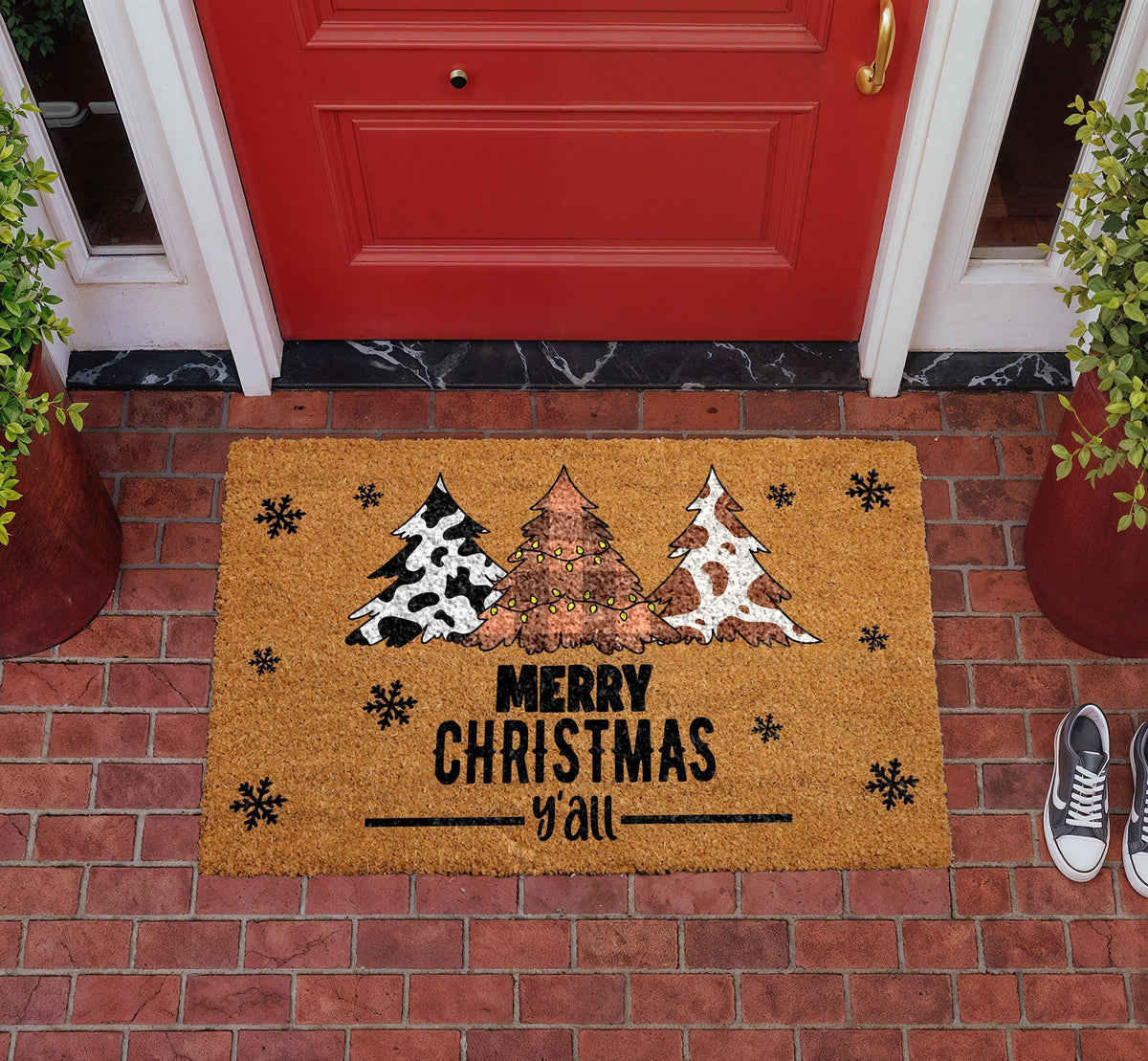 Merry Christmas Y'all Doormat, Western Xmas Home Decor, Cow Print Christmas Tree Welcome Mat
