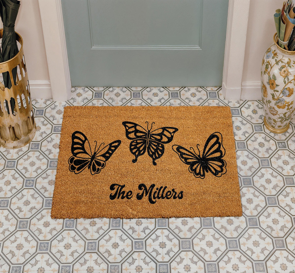 Personalized Butterfly Doormat, Custom Family Name Welcome Mat, Bohemian Spring Porch Decor