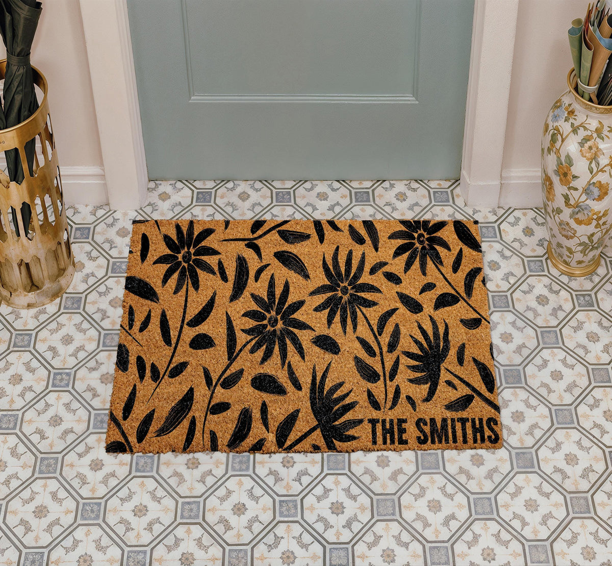 Custom Modern Floral Doormat, Minimalist Botanical Welcome Mat