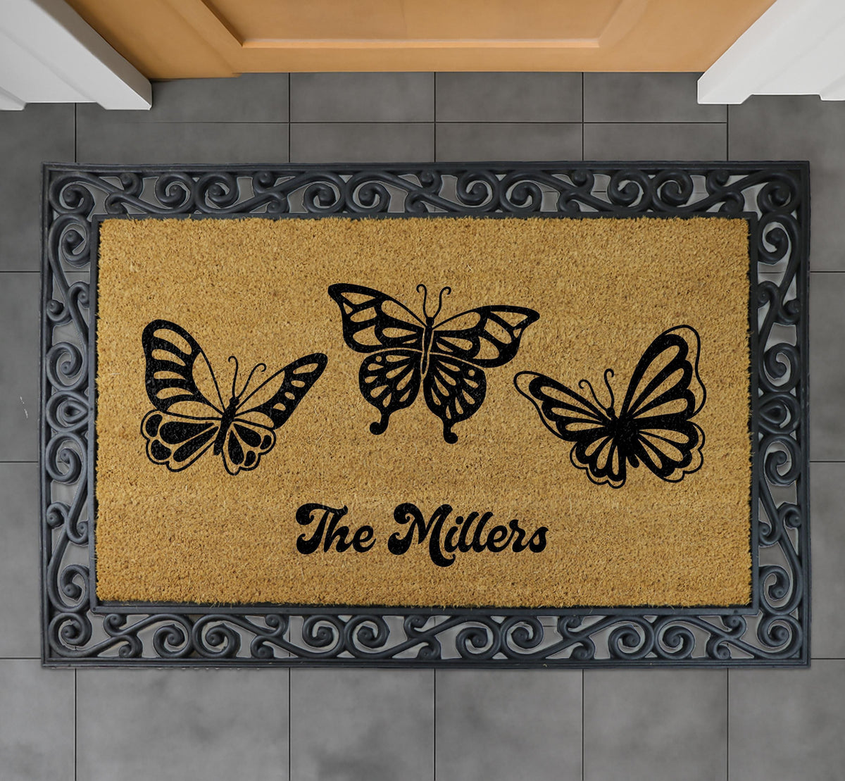 Personalized Butterfly Doormat, Custom Family Name Welcome Mat, Bohemian Spring Porch Decor