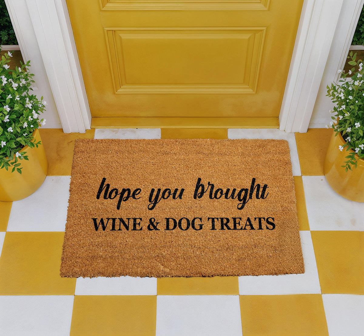 Hope You Brought Wine & Dog Treats Coco Doormat, Funny Welcome Mat for Dog Lovers