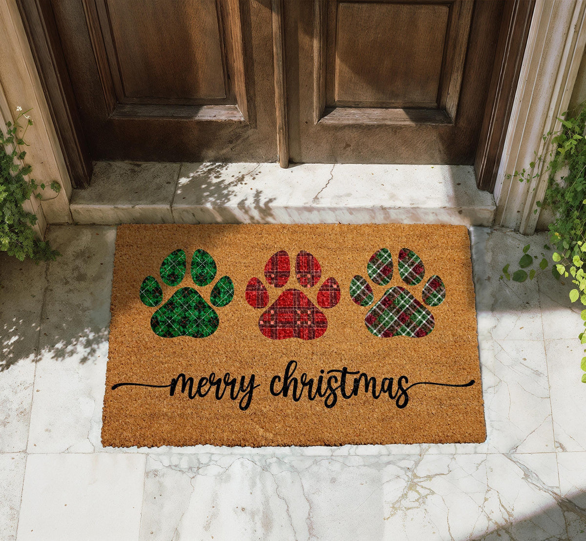 Plaid Paw Print Christmas Doormat, Merry Christmas Pet Welcome Mat, Dog Mom Winter Home Decor