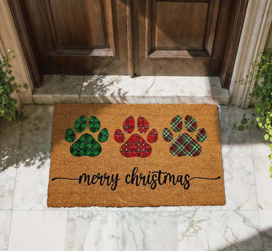 Plaid Paw Print Christmas Doormat, Merry Christmas Pet Welcome Mat, Dog Mom Winter Home Decor