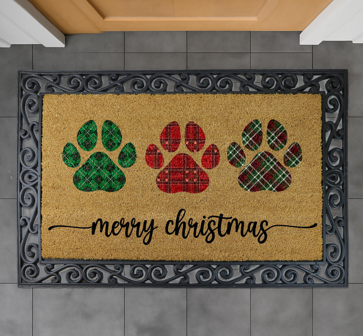 Plaid Paw Print Christmas Doormat, Merry Christmas Pet Welcome Mat, Dog Mom Winter Home Decor