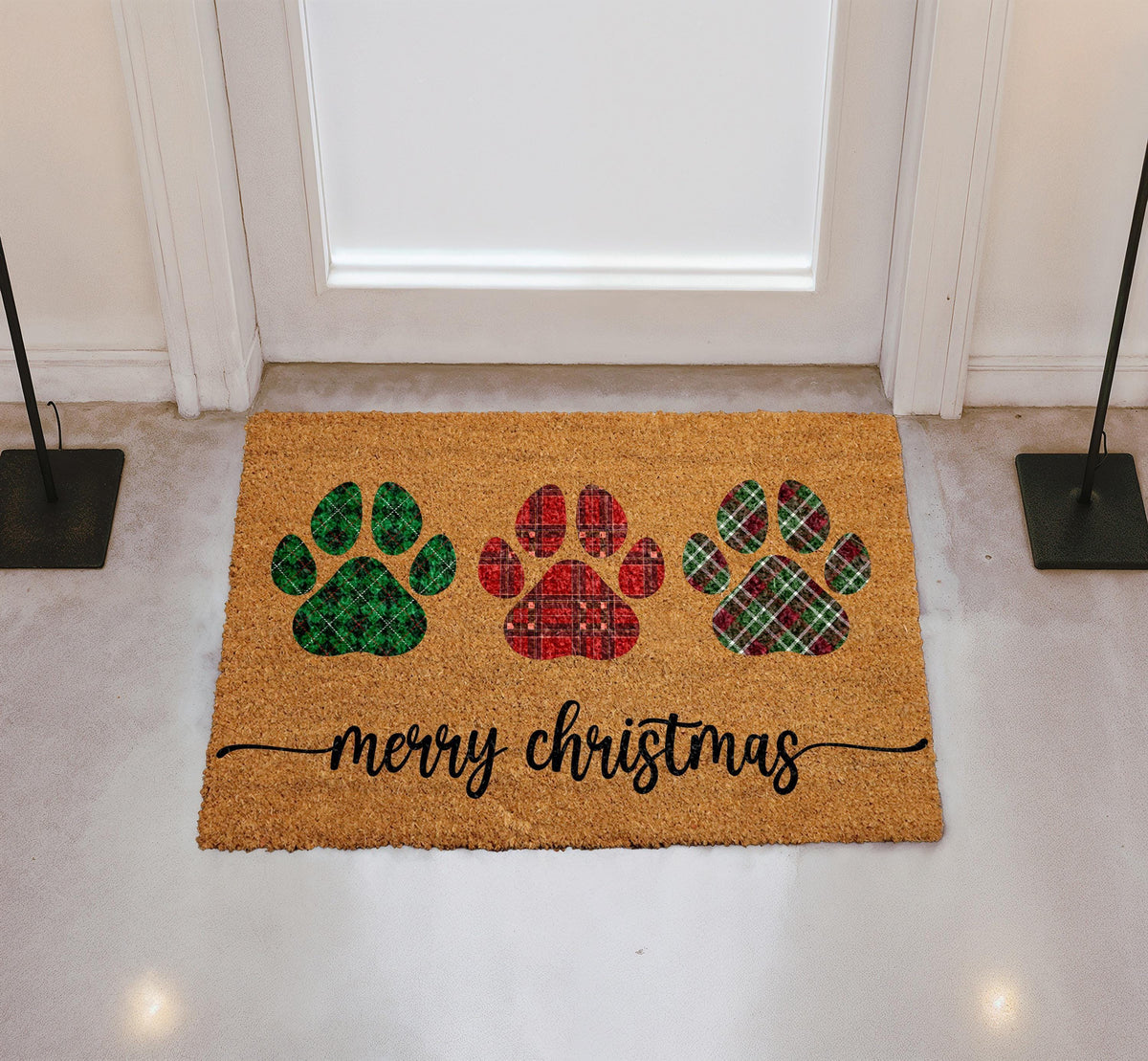 Plaid Paw Print Christmas Doormat, Merry Christmas Pet Welcome Mat, Dog Mom Winter Home Decor