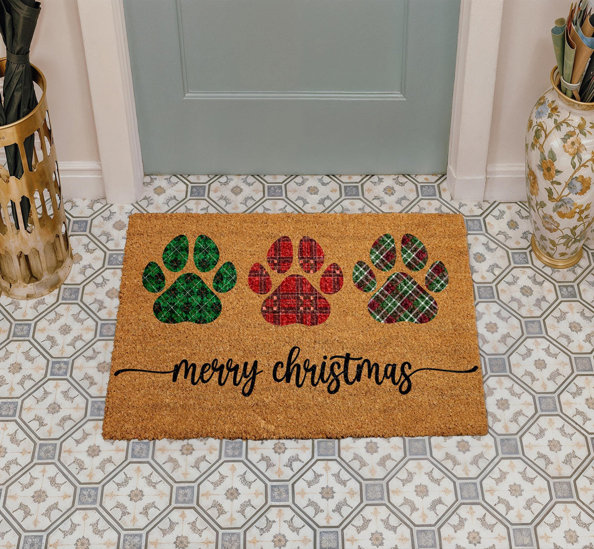 Plaid Paw Print Christmas Doormat, Merry Christmas Pet Welcome Mat, Dog Mom Winter Home Decor