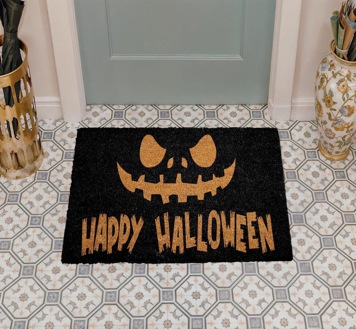 Happy Halloween Doormat, Spooky Pumpkin Welcome Mat, Fall Entryway Coir Mat
