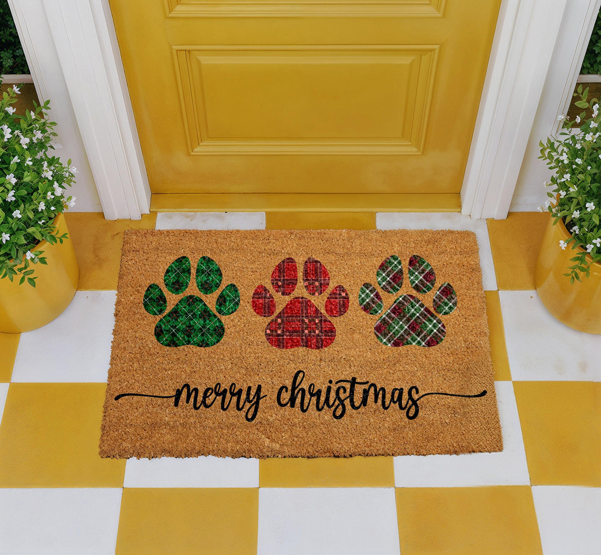 Plaid Paw Print Christmas Doormat, Merry Christmas Pet Welcome Mat, Dog Mom Winter Home Decor