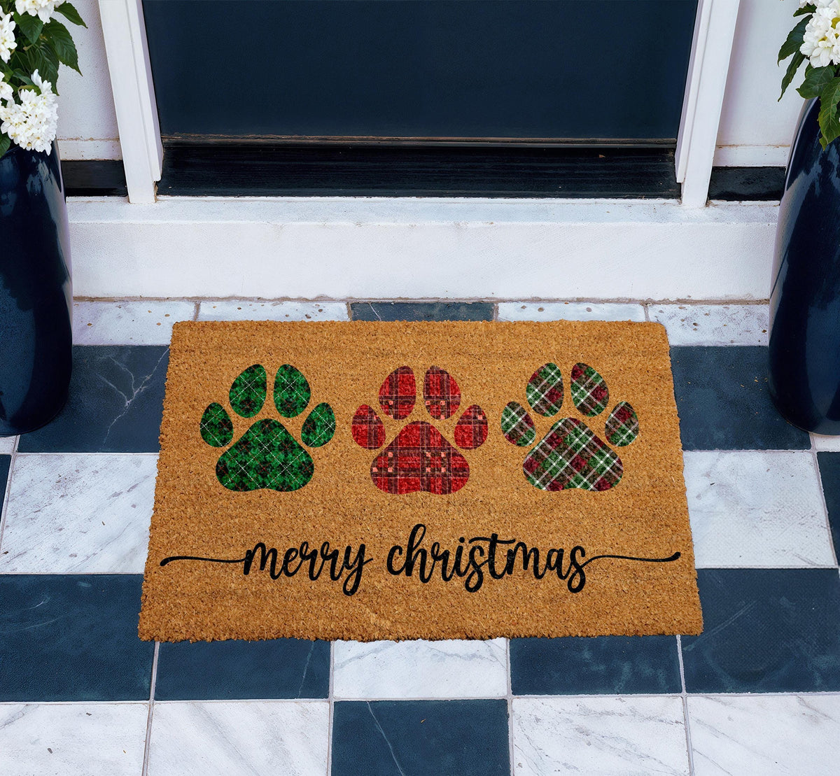 Plaid Paw Print Christmas Doormat, Merry Christmas Pet Welcome Mat, Dog Mom Winter Home Decor