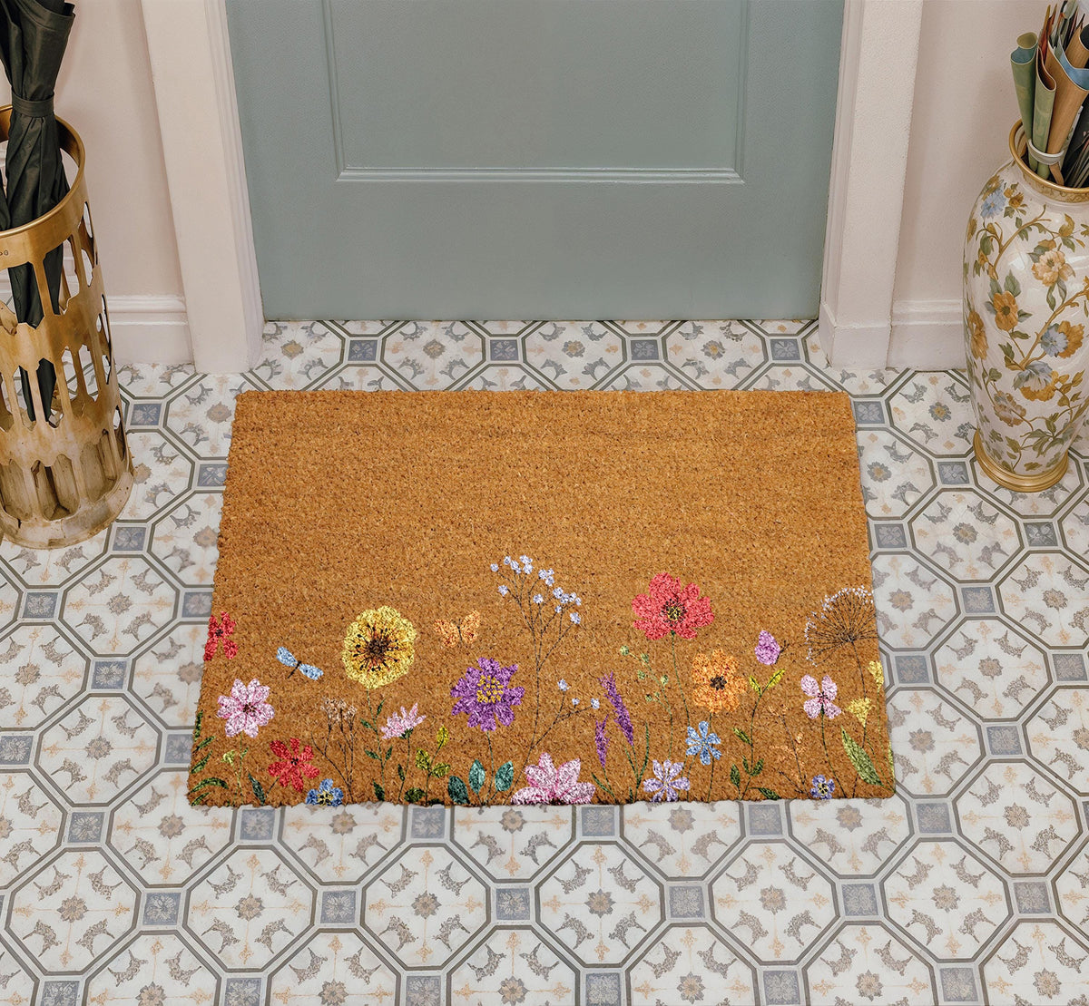 Flowers Wildflowers Doormat, Nature Lover Front Porch Rug, Coir Entrance Mat