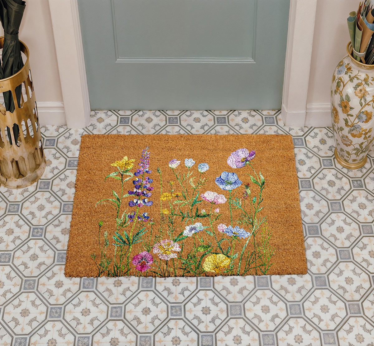 Wildflowers Doormat, Floral Welcome Mat, Garden Lover Home Entrance Coir Rug