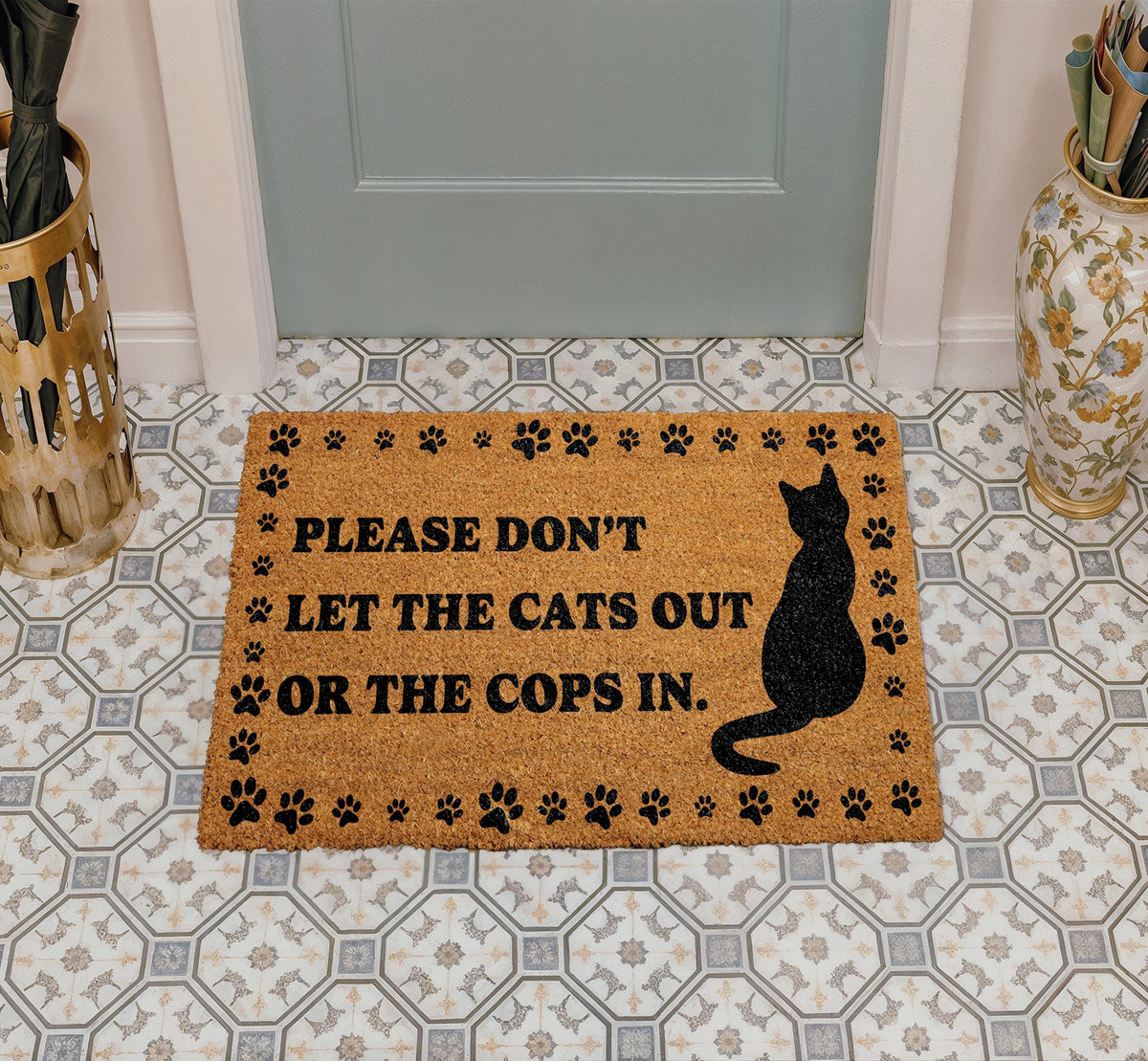 Please Don't Let The Cats Out or Cops In Doormat, Cat Lover Welcome Mat, Humorous Entrance Mat
