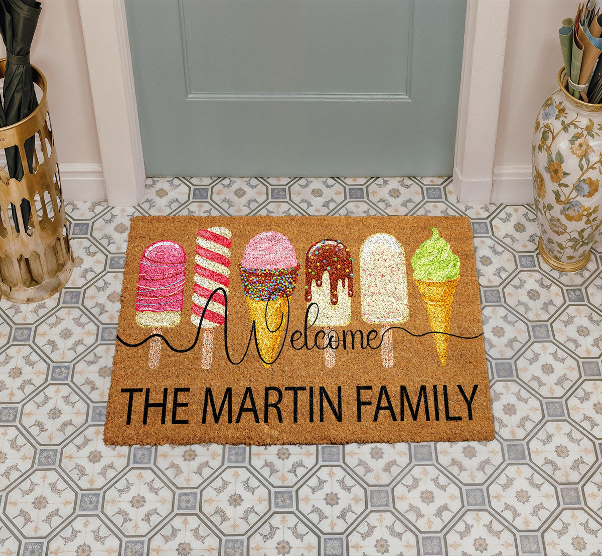 Personalized Ice Cream Welcome Mat, Custom Family Name Popsicle Doormat