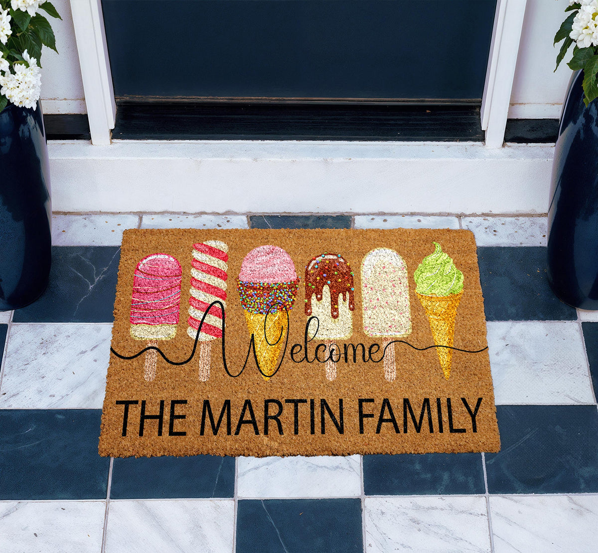 Personalized Ice Cream Welcome Mat, Custom Family Name Popsicle Doormat