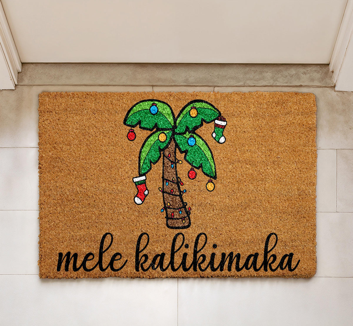 Mele Kalikimaka Doormat, Hawaiian Christmas Welcome Mat, Palm Tree Holiday Front Porch Rug