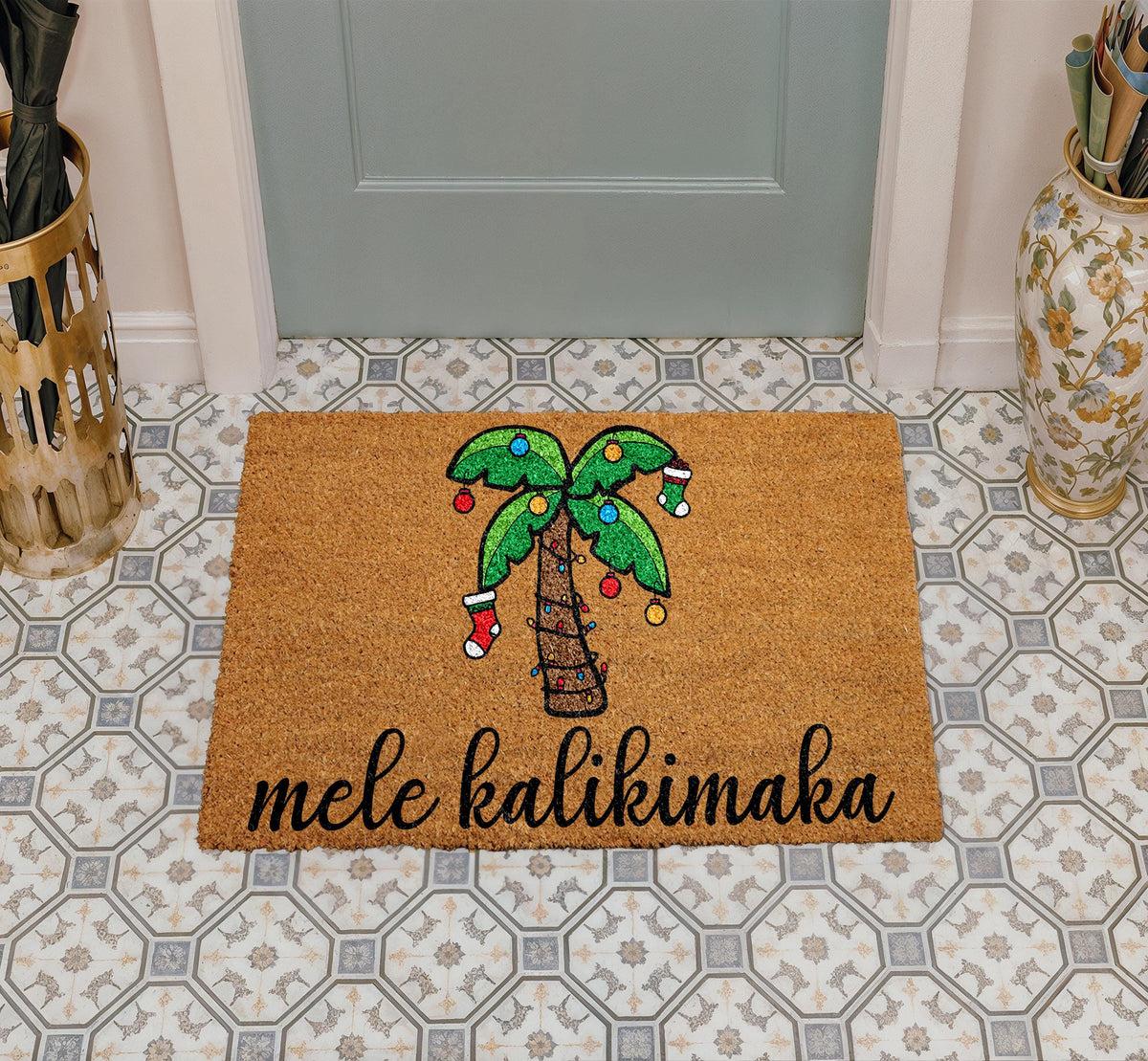 Mele Kalikimaka Doormat, Hawaiian Christmas Welcome Mat, Palm Tree Holiday Front Porch Rug