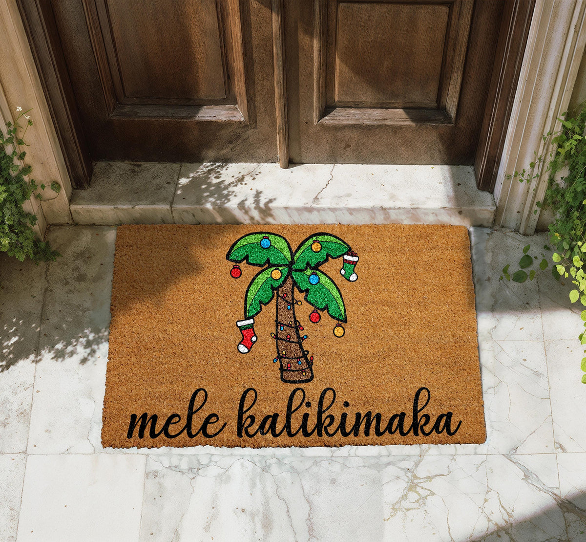 Mele Kalikimaka Doormat, Hawaiian Christmas Welcome Mat, Palm Tree Holiday Front Porch Rug