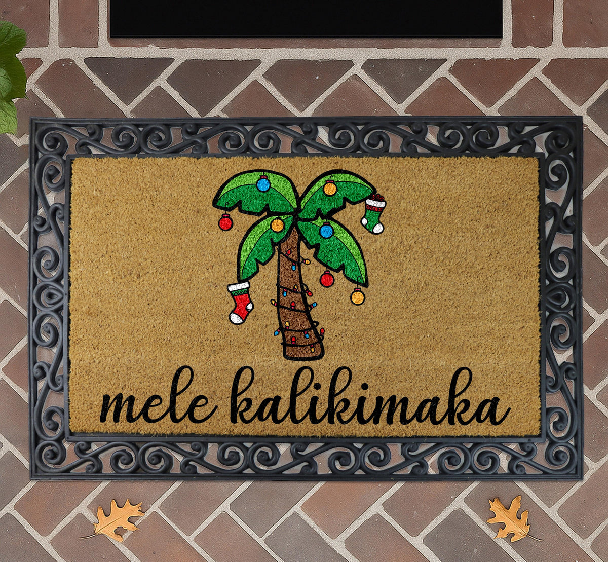 Mele Kalikimaka Doormat, Hawaiian Christmas Welcome Mat, Palm Tree Holiday Front Porch Rug