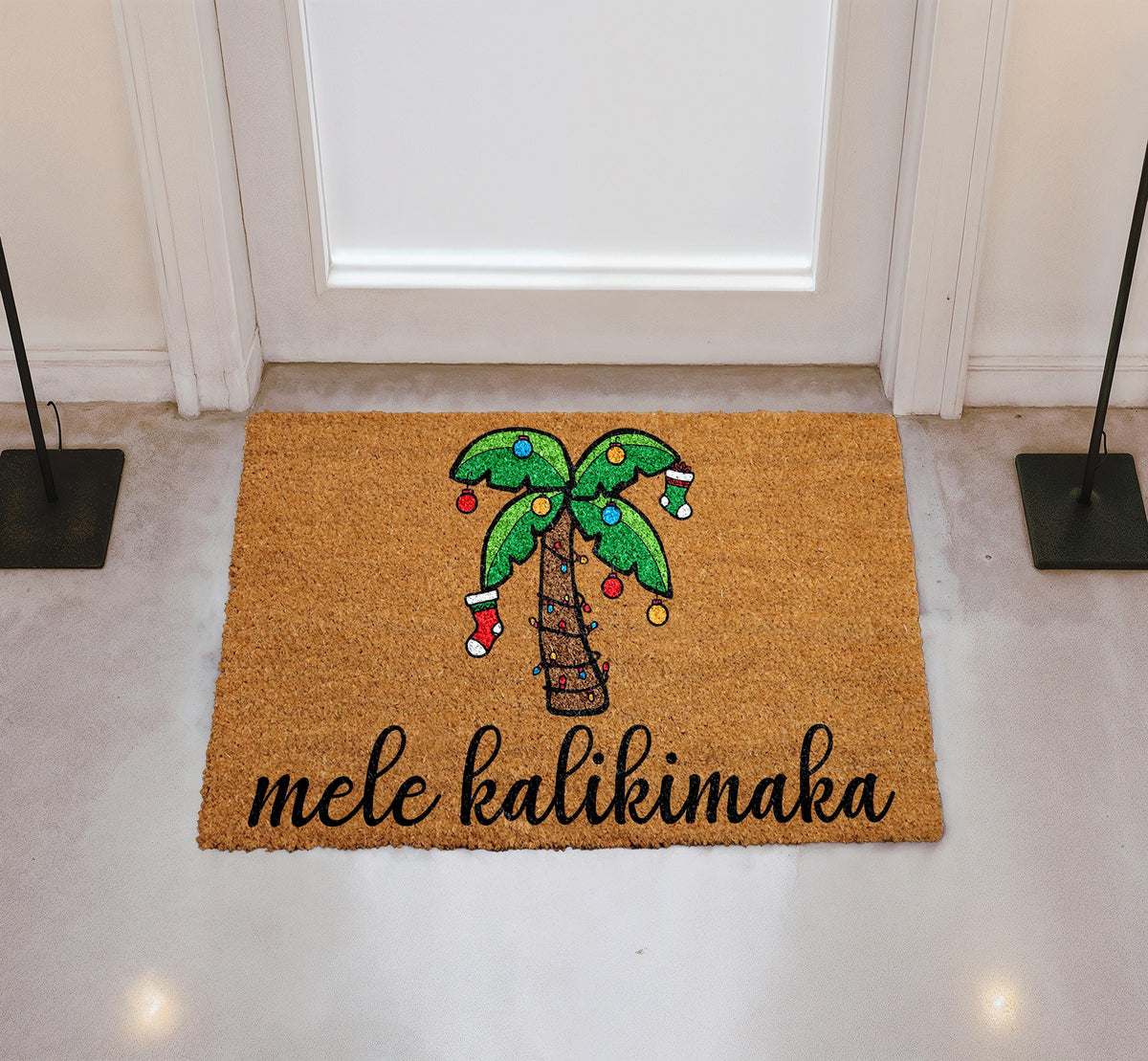Mele Kalikimaka Doormat, Hawaiian Christmas Welcome Mat, Palm Tree Holiday Front Porch Rug