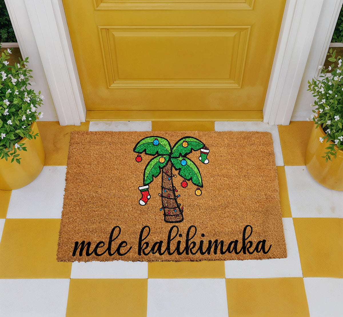 Mele Kalikimaka Doormat, Hawaiian Christmas Welcome Mat, Palm Tree Holiday Front Porch Rug