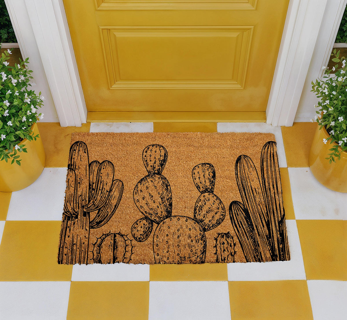 Cactus Coir Doormat, Desert Plant Welcome Mat, Southwest Home Decor, Hand-Drawn Cactus Door Mat