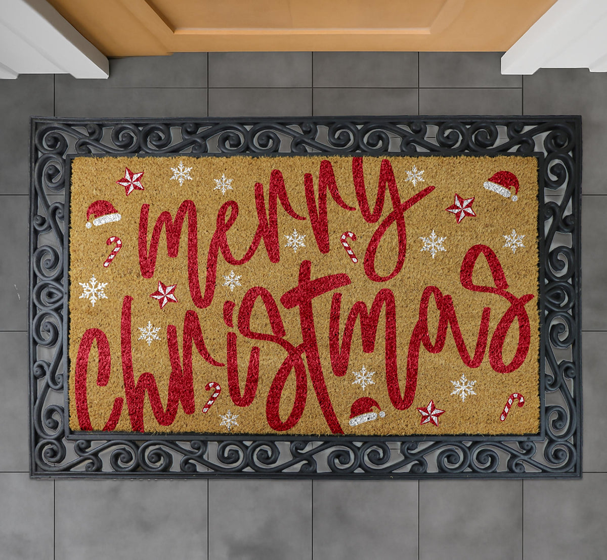 Merry Christmas Santa Vibe Doormat, Santa Hat & Candy Cane Pattern Welcome Mat