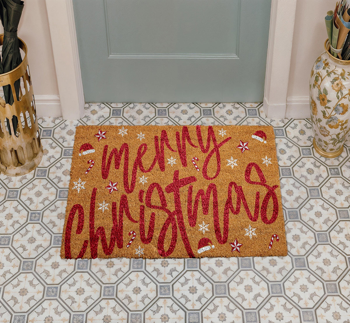 Merry Christmas Santa Vibe Doormat, Santa Hat & Candy Cane Pattern Welcome Mat