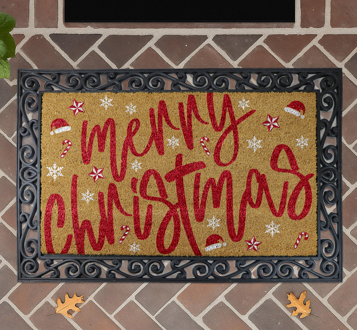 Merry Christmas Santa Vibe Doormat, Santa Hat & Candy Cane Pattern Welcome Mat