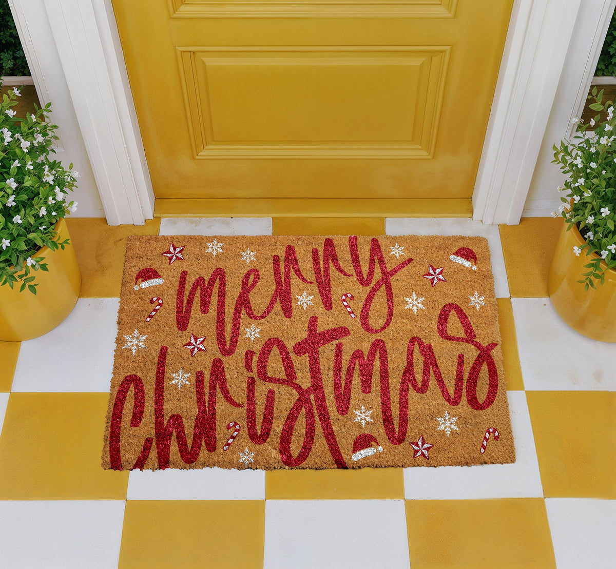 Merry Christmas Santa Vibe Doormat, Santa Hat & Candy Cane Pattern Welcome Mat