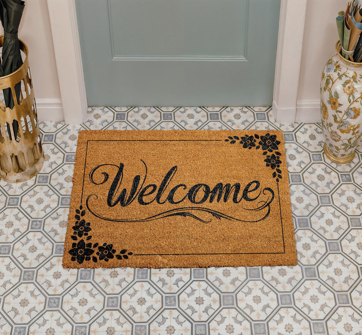 Personalized Coir Doormat, Floral Welcome Entrance Rug, Custom Family Name Home Decor