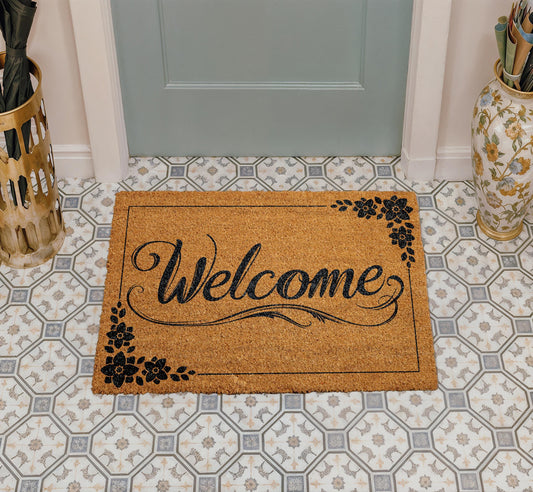 Personalized Coir Doormat, Floral Welcome Entrance Rug, Custom Family Name Home Decor