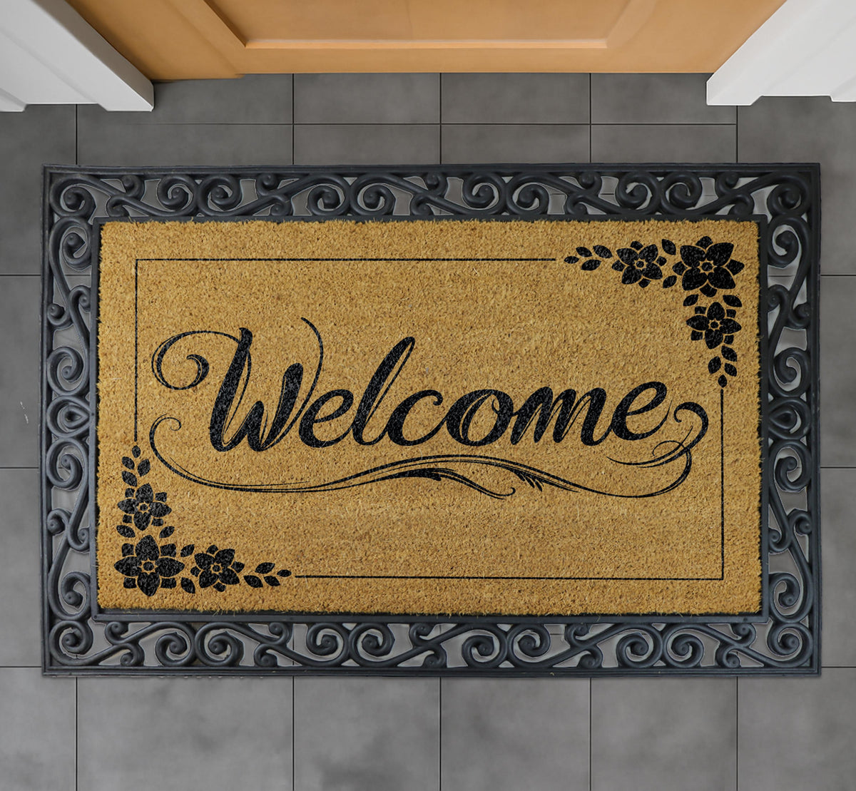 Personalized Coir Doormat, Floral Welcome Entrance Rug, Custom Family Name Home Decor