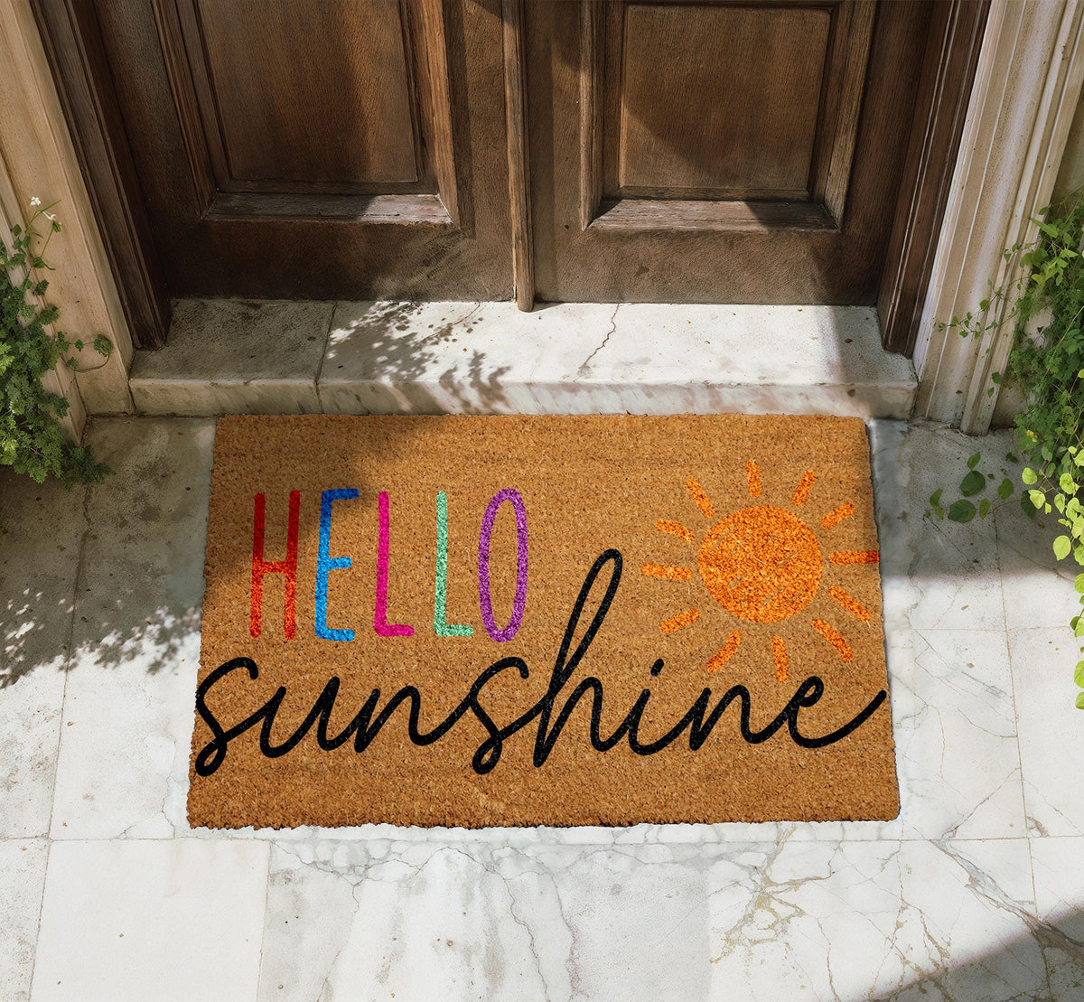 Hello Sunshine Welcome Mat, Cheerful Summer Coco Doormat, Bright Sunshine Natural Coir Door mat