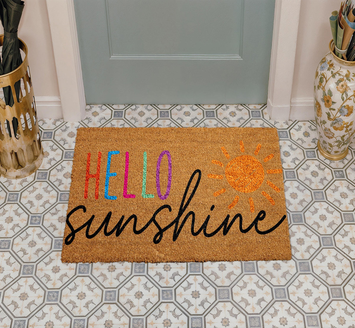 Hello Sunshine Welcome Mat, Cheerful Summer Coco Doormat, Bright Sunshine Natural Coir Door mat