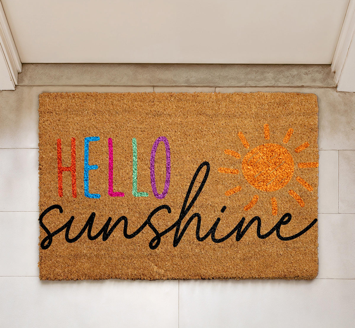 Hello Sunshine Welcome Mat, Cheerful Summer Coco Doormat, Bright Sunshine Natural Coir Door mat