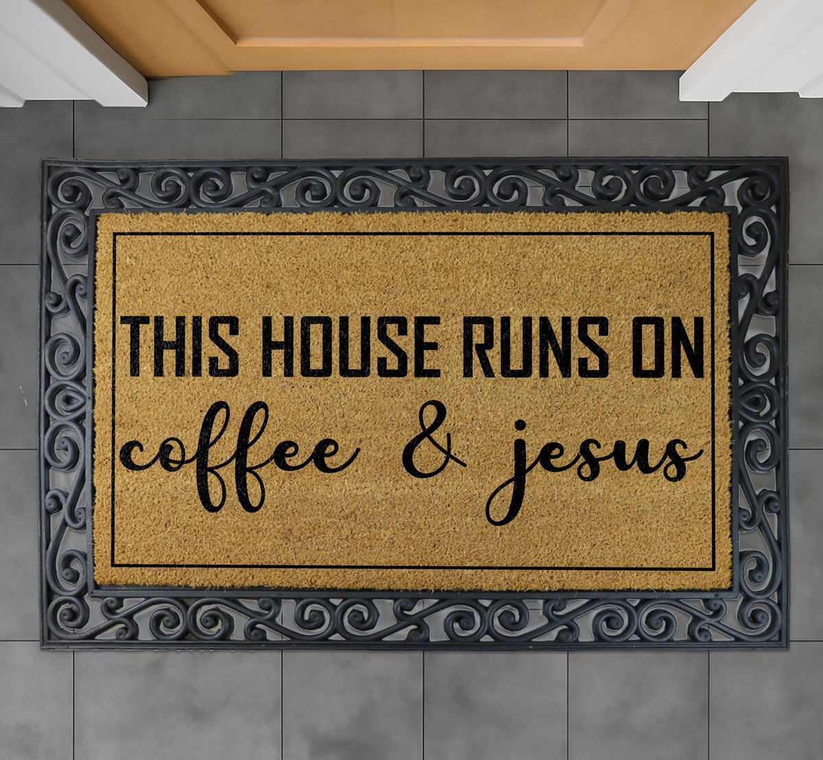 Coffee and Jesus Welcome Mat - Rustic Christian Entryway Rug, Religious Home Decor