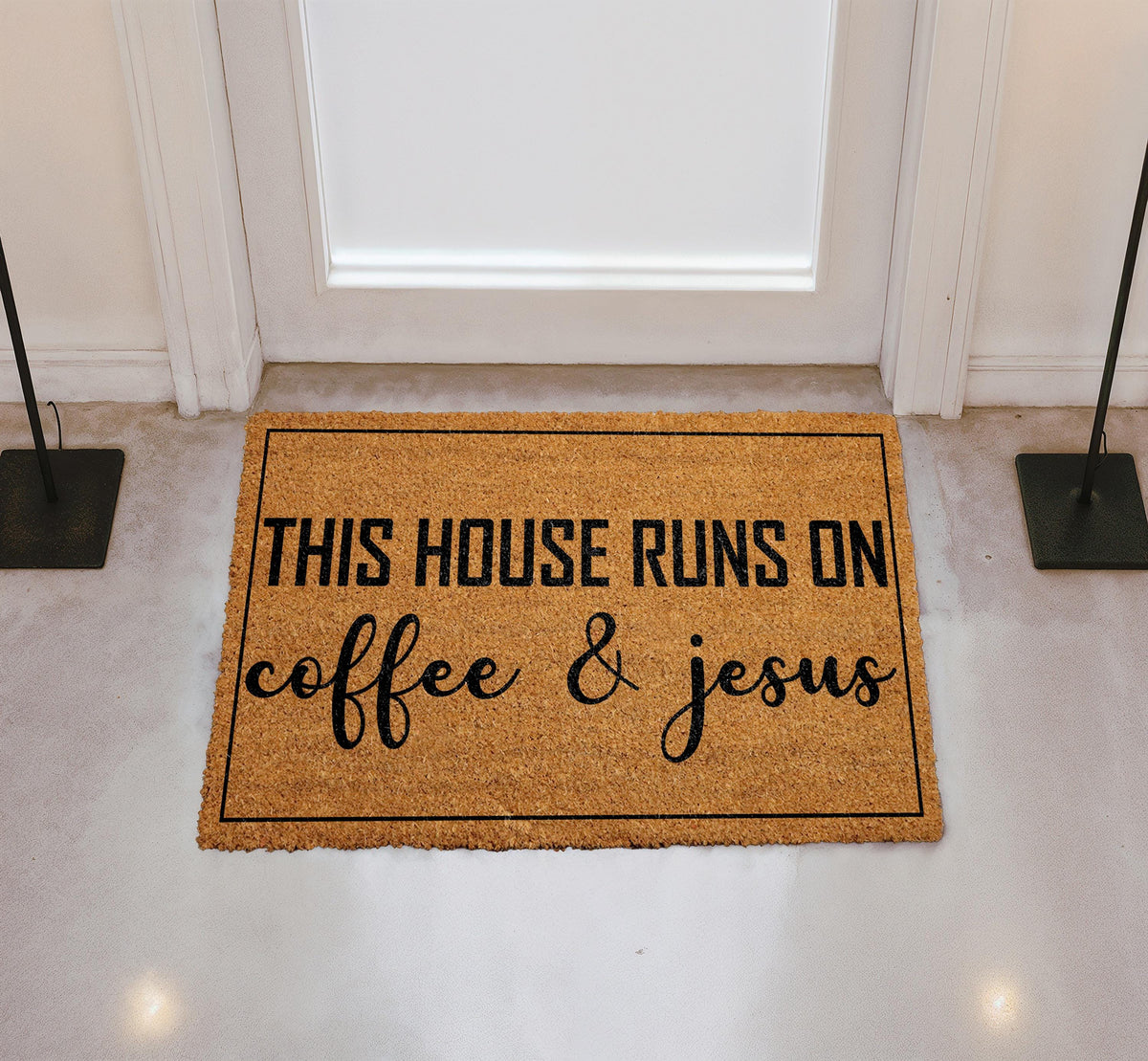 Coffee and Jesus Welcome Mat - Rustic Christian Entryway Rug, Religious Home Decor