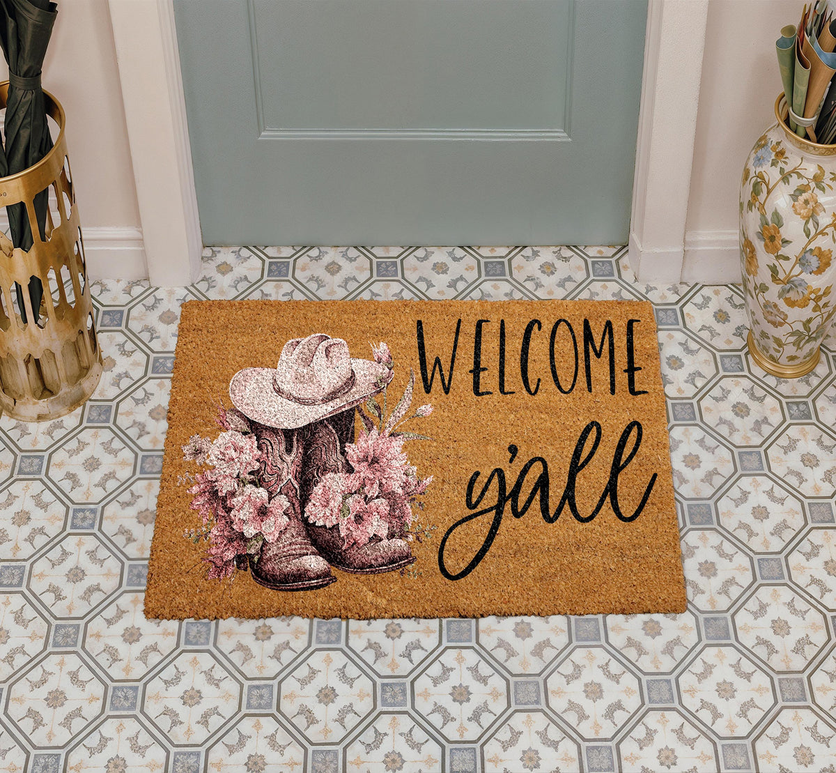 Welcome Y'all Doormat, Pink Cowboy Boots and Hat Welcome Mat, Western Theme Home Decor