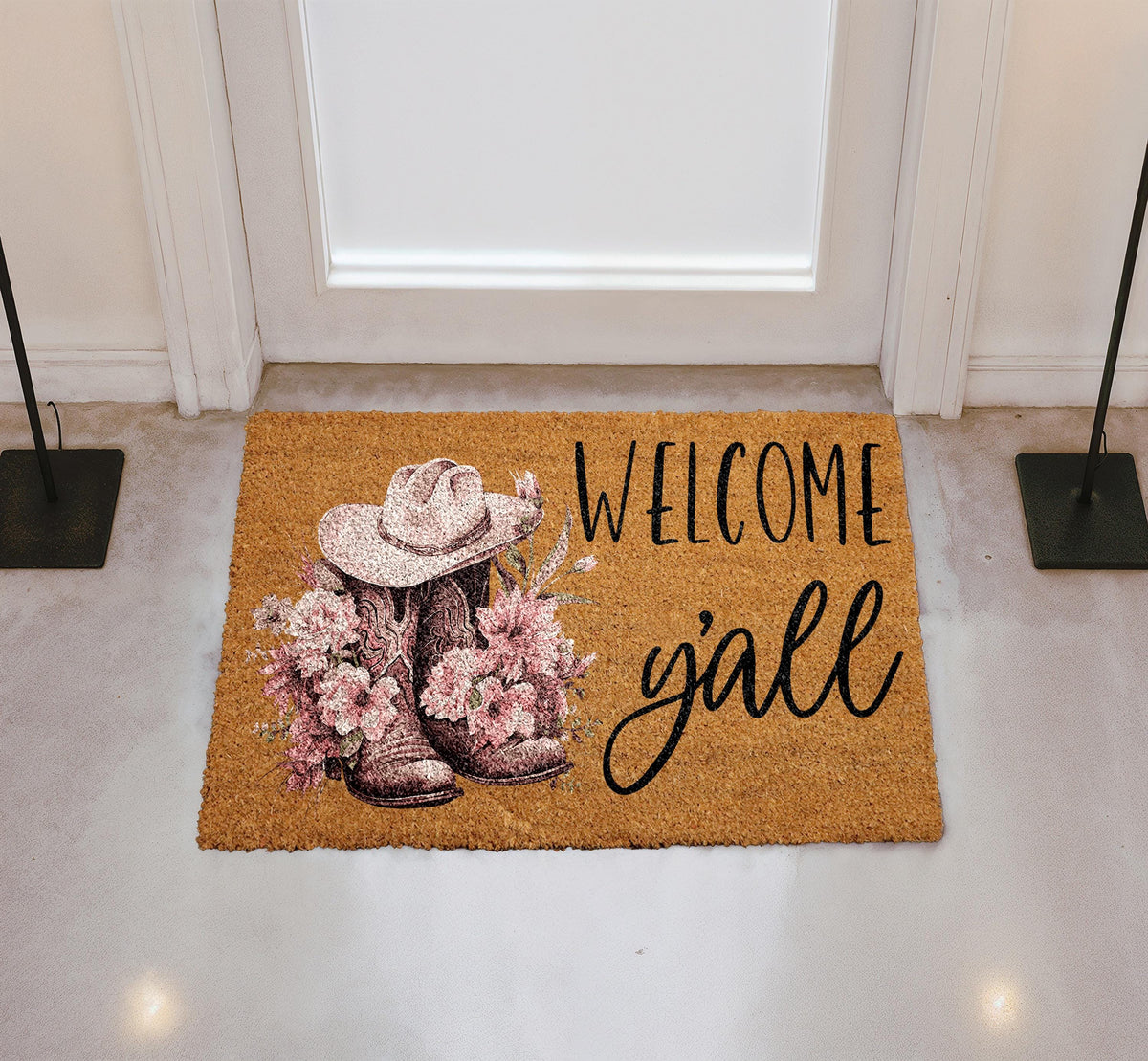 Welcome Y'all Doormat, Pink Cowboy Boots and Hat Welcome Mat, Western Theme Home Decor