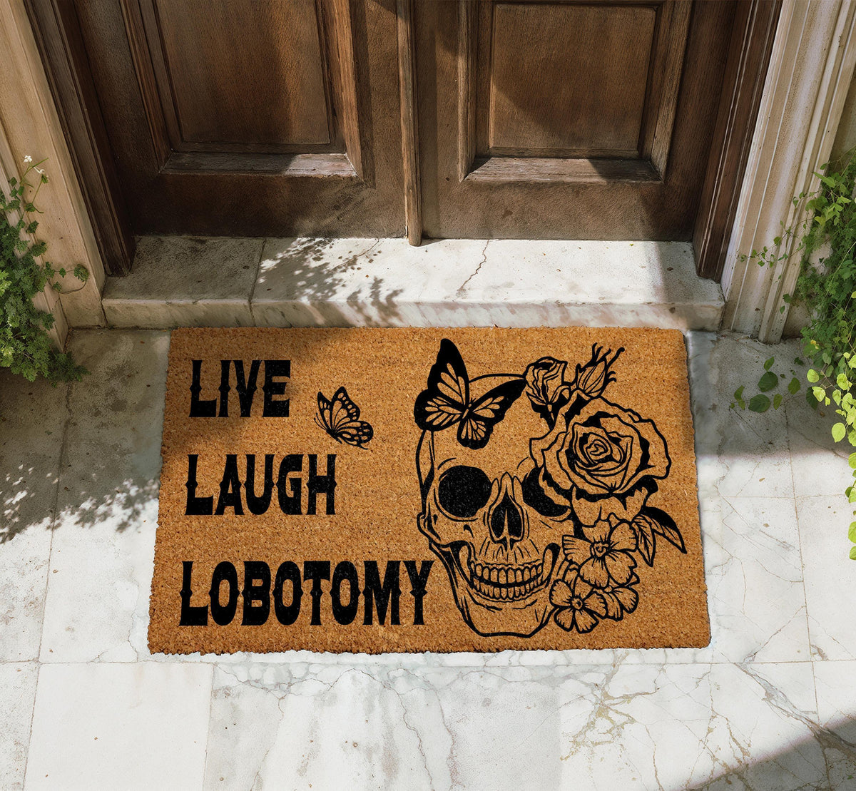 Live Laugh Lobotomy Doormat, Gothic Skull Welcome Mat, Halloween Gift, Spooky Season Decor