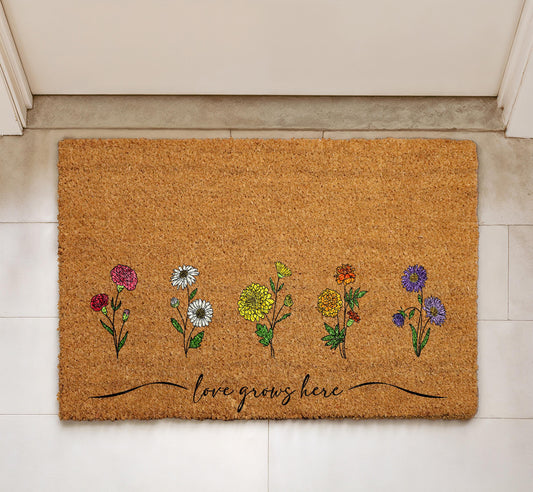 Love Grows Here Floral Doormat, Flowers Welcome Mat, Cottagecore Front Porch Rug