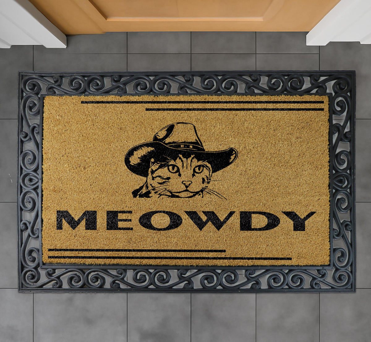 Meowdy Cat Western Doormat, Coir Welcome Rug, Pet Lover Home Decor