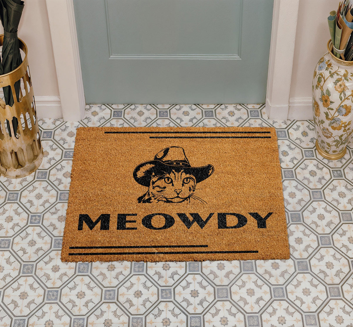Meowdy Cat Western Doormat, Coir Welcome Rug, Pet Lover Home Decor