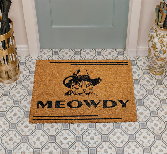 Meowdy Cat Western Doormat, Coir Welcome Rug, Pet Lover Home Decor