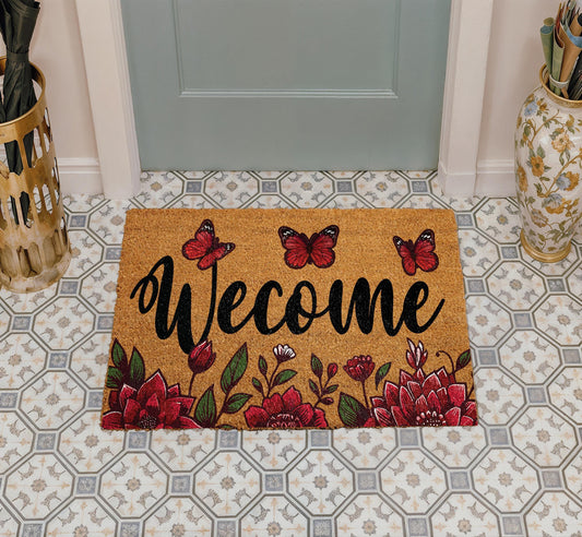 Red Floral Welcome Mat, Butterfly Coir Doormat, Cottagecore Housewarming Gift