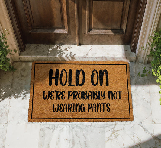 Hold On We're Probably Not Wearing Pants Doormat, Funny Coir Welcome Mat