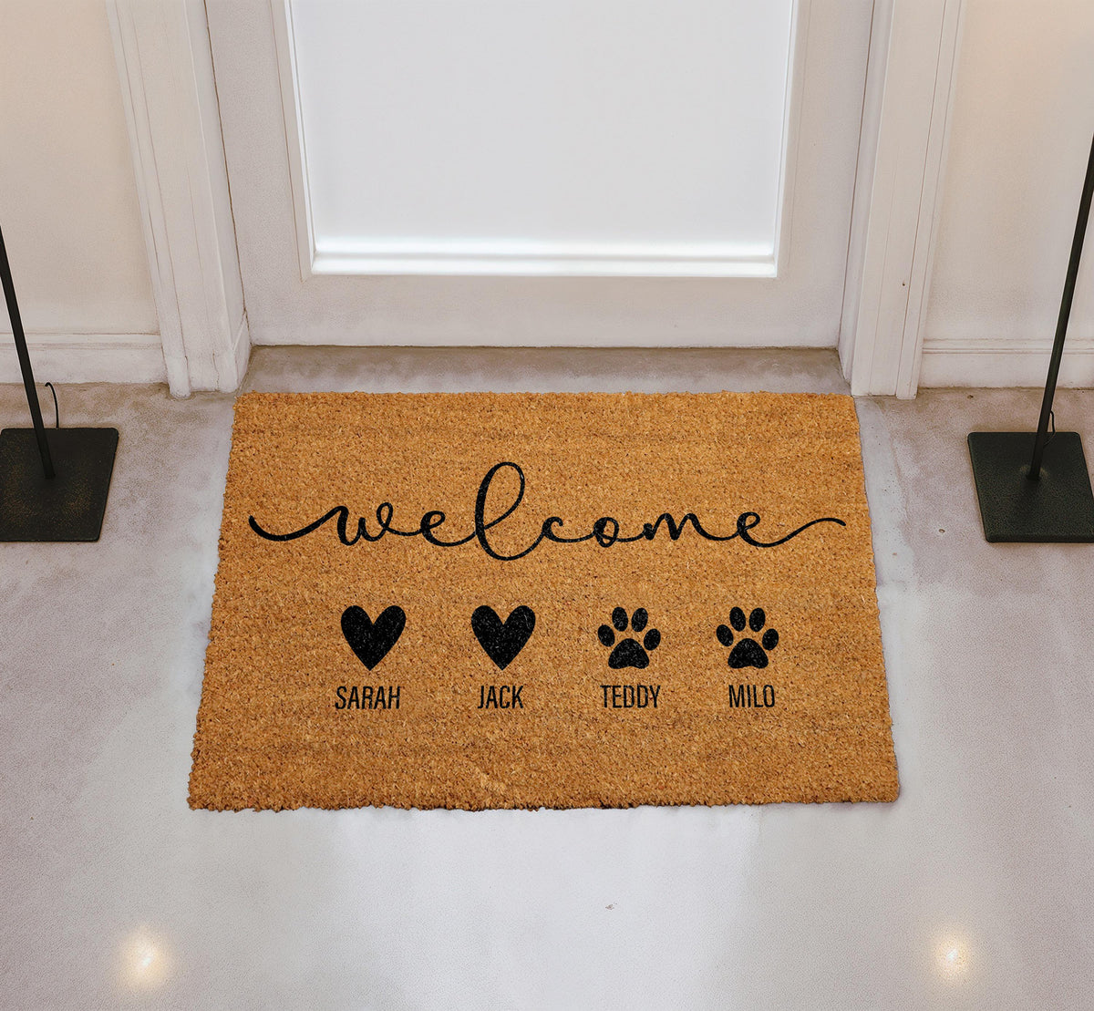 Personalized Family Member Doormat, Custom Names Welcome Mat, Animal Lover Entryway Floor Rug